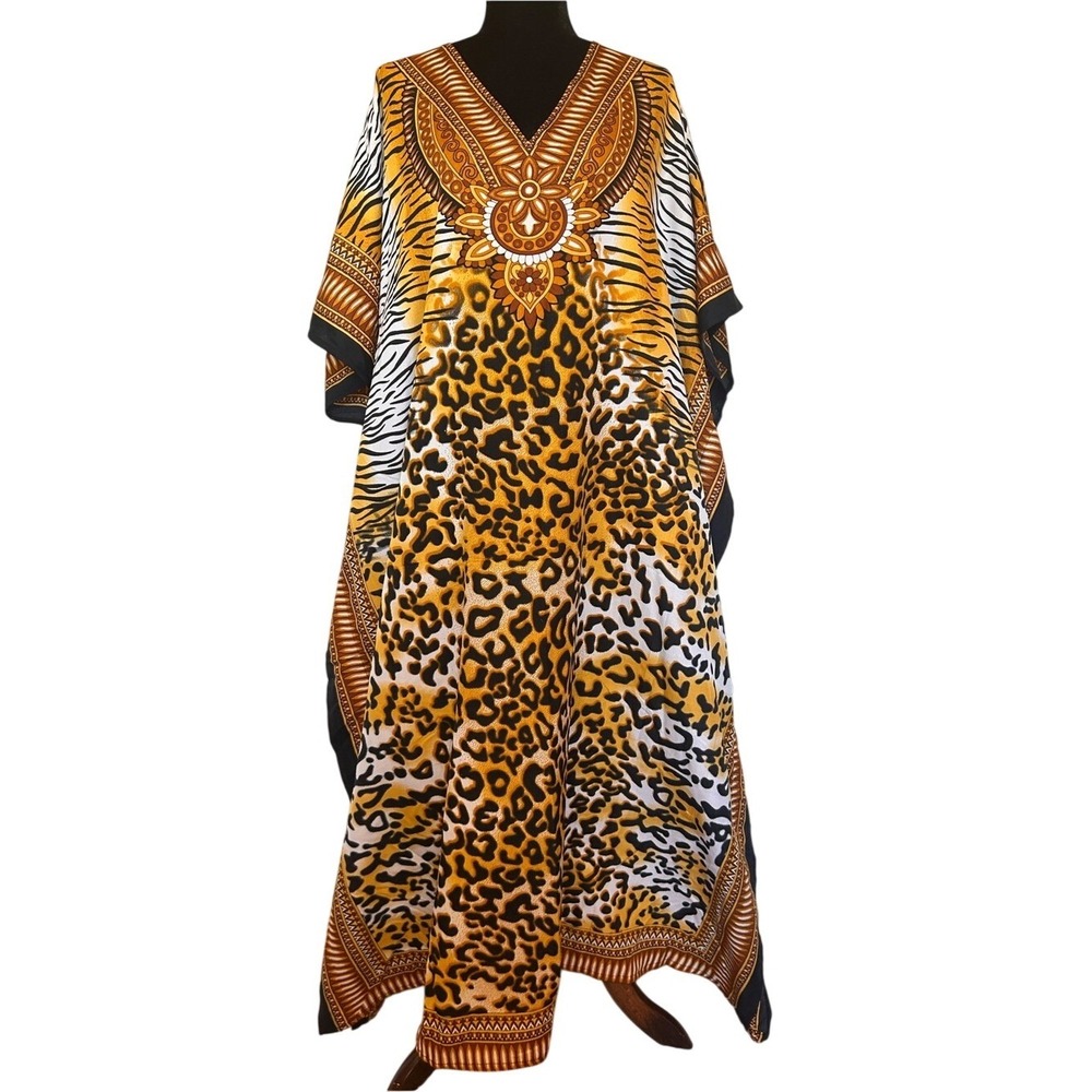 Ashro Black and Gold Animal Print Kaftan Maxi Dress Size O/S